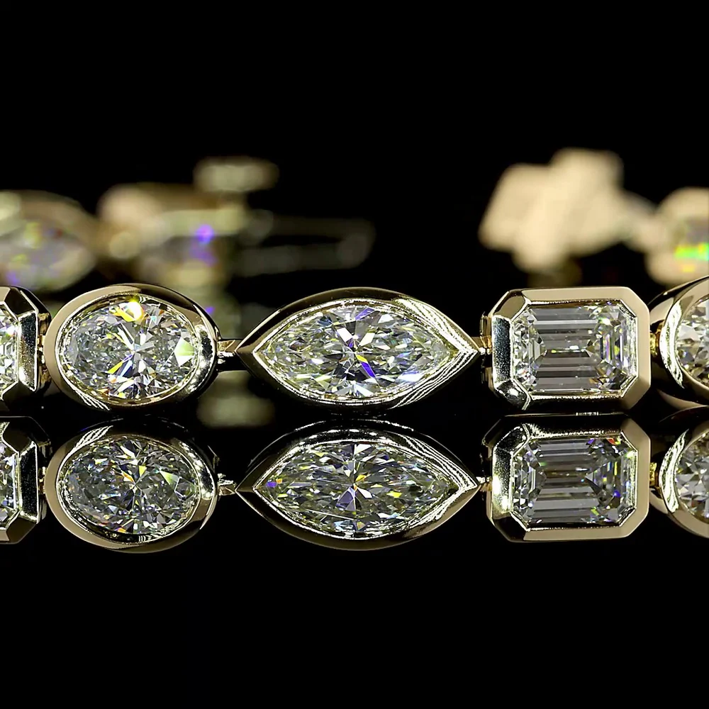 14K Yellow Gold East-West Mixed Shape Tennis Bracelet with Emerald, Marquise, and Round Natural Diamonds - 7.34 Carats Total Diamond Weight - Covaloro Fine Jewelry - Image 2
