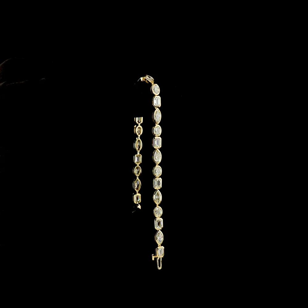 14K Yellow Gold East-West Mixed Shape Tennis Bracelet with Emerald, Marquise, and Round Natural Diamonds - 7.34 Carats Total Diamond Weight - Covaloro Fine Jewelry - Image 3