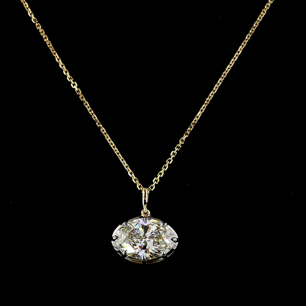 14K Yellow Gold East-West Oval Cut Lab Diamond Solitaire Pendant - 4.03 Carat, E-F Color VVS2 Clarity with Black Rhodium Accented Setting - Covaloro Fine Jewelry