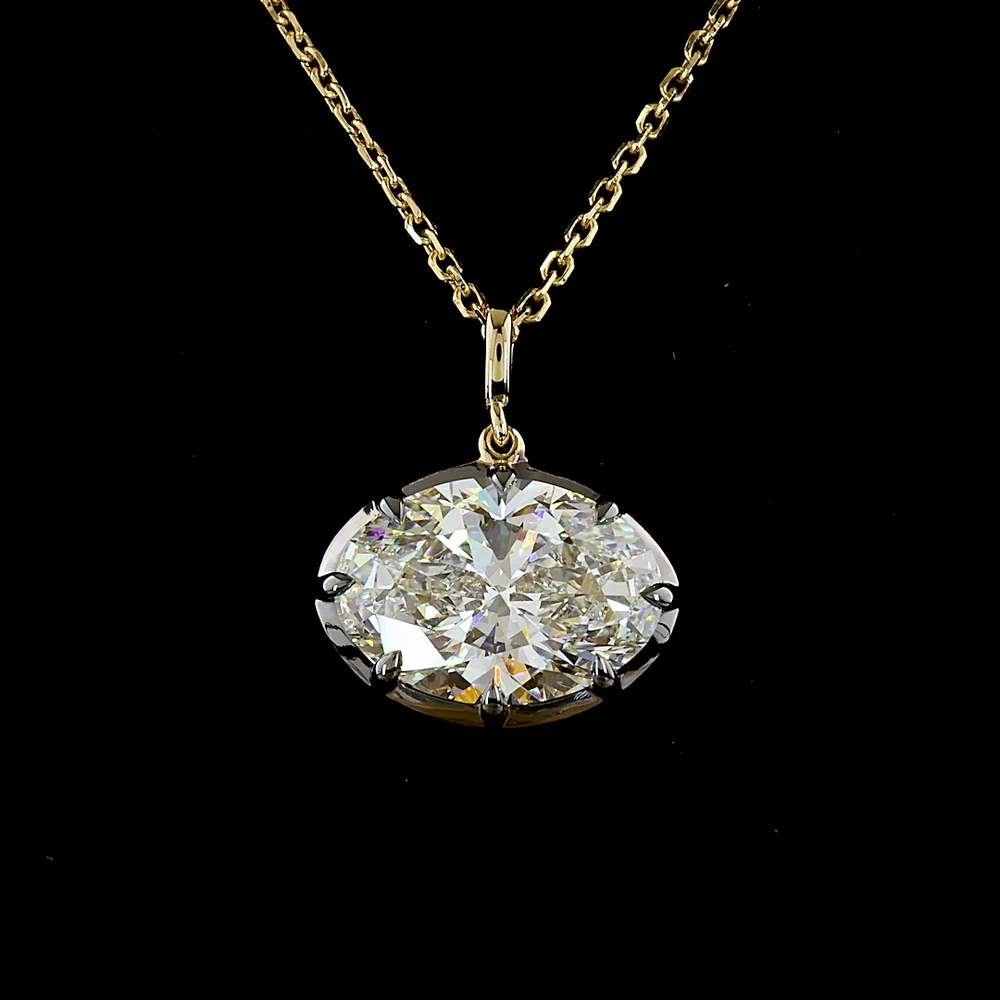 14K Yellow Gold East-West Oval Cut Lab Diamond Solitaire Pendant - 4.03 Carat, E-F Color VVS2 Clarity with Black Rhodium Accented Setting - Covaloro Fine Jewelry - Image 2