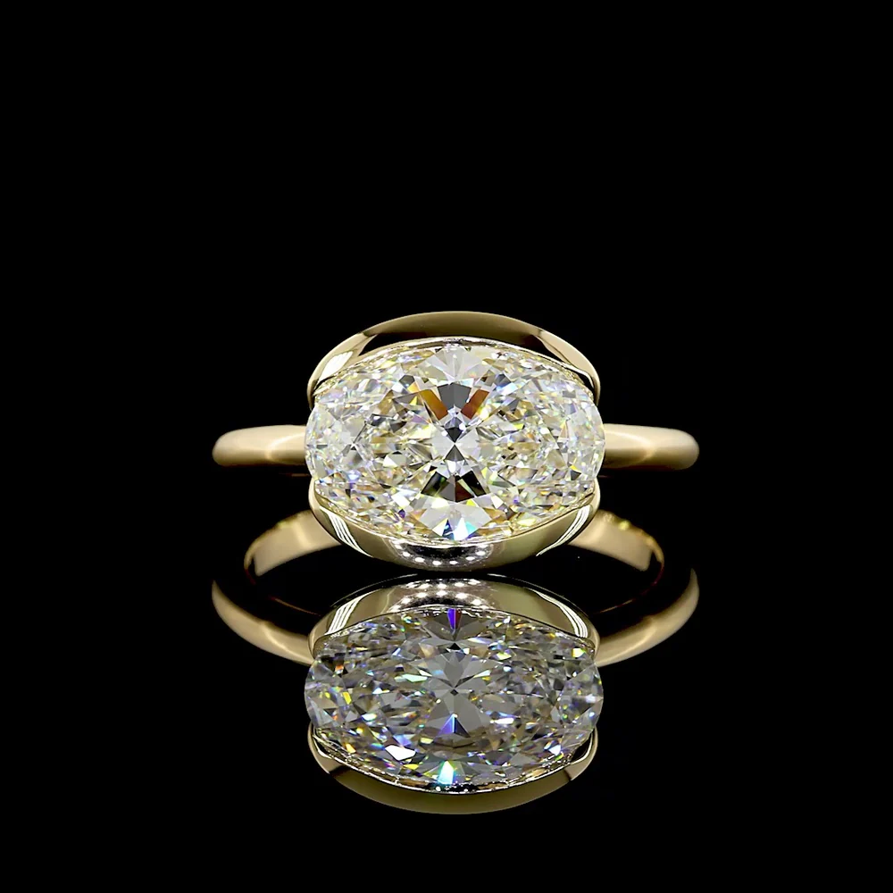 14K Yellow Gold East-West Oval Lab Diamond Solitaire Ring with Half-Bezel Setting - 2.57 Carat E VVS2 IGI Certified - Covaloro Fine Jewelry