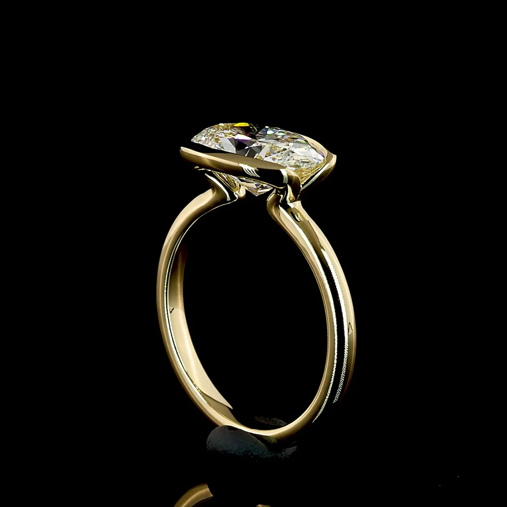 14K Yellow Gold East-West Oval Lab Diamond Solitaire Ring with Half-Bezel Setting - 2.57 Carat E VVS2 IGI Certified - Covaloro Fine Jewelry - Image 3