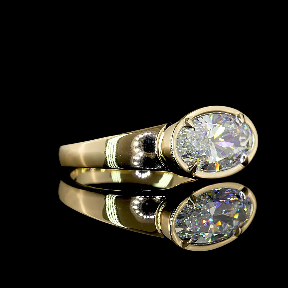 14K Yellow Gold East-West Oval Solitaire Ring with Bezel-Prong Set Lab Diamond - 2.08 Carat E VVS2 GCAL Certified - Covaloro Fine Jewelry - Image 2