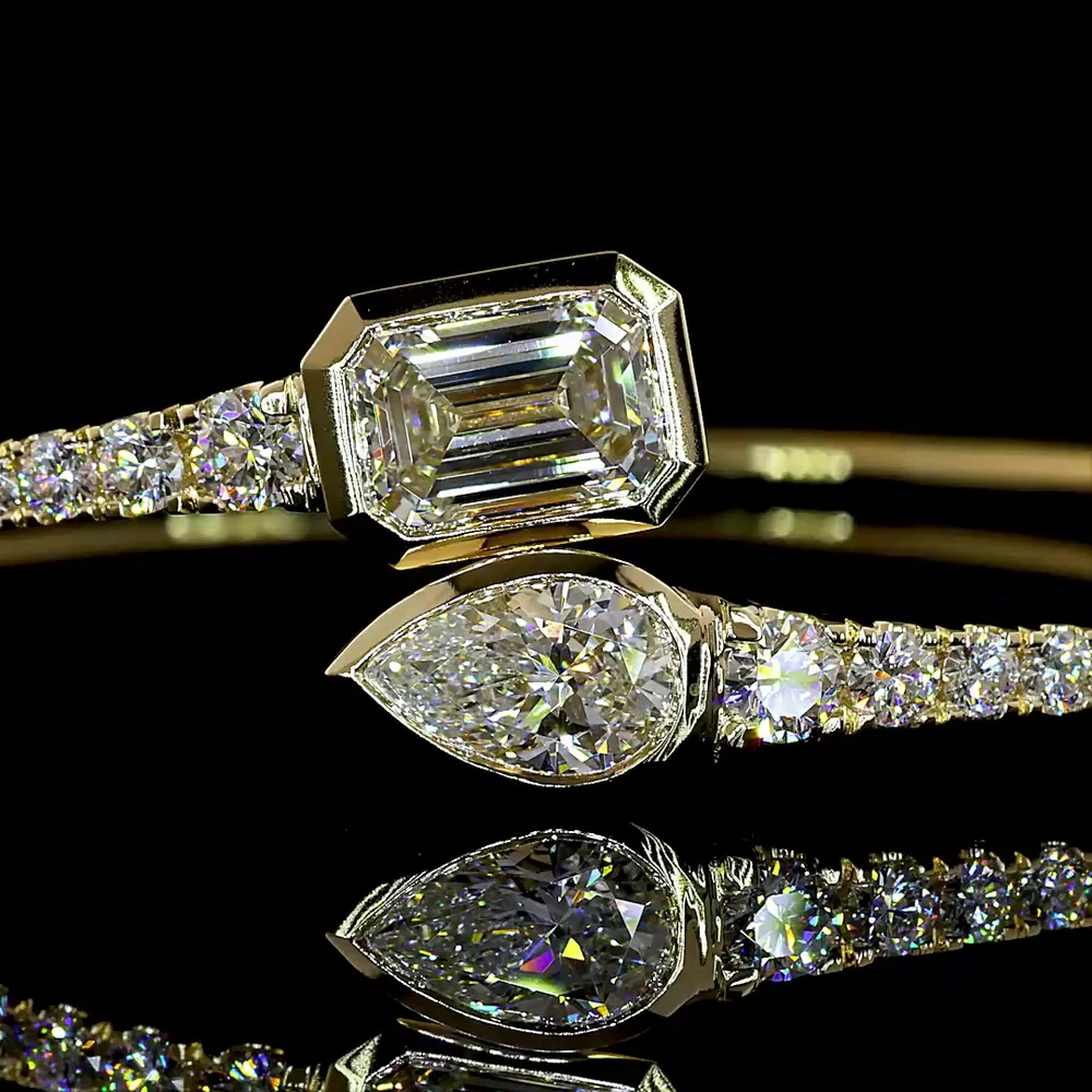 14K Yellow Gold East-West Pear and Emerald Cut Diamond Bangle Bracelet - 4.72 Carat Total Weight Lab Diamonds - Covaloro Fine Jewelry - Image 2