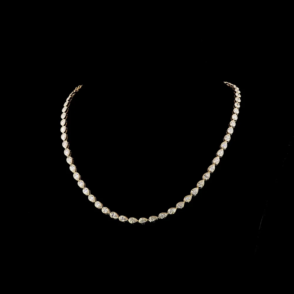 14K Yellow Gold East-West Pear Shape Diamond Tennis Necklace - 11.86 Carat Total Weight, E-F VVS2 Lab Grown Diamonds in Bezel Setting - Covaloro Fine Jewelry