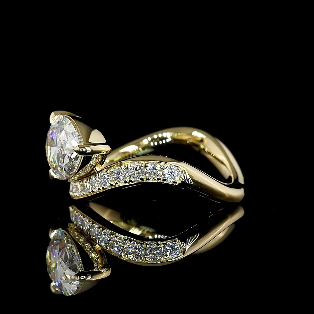 14K Yellow Gold East-West Pear Shape Solitaire Diamond Shank Ring with Pave Set Round Lab Diamonds - 1.73 Carats Total Diamond Weight - Covaloro Fine Jewelry - Image 3