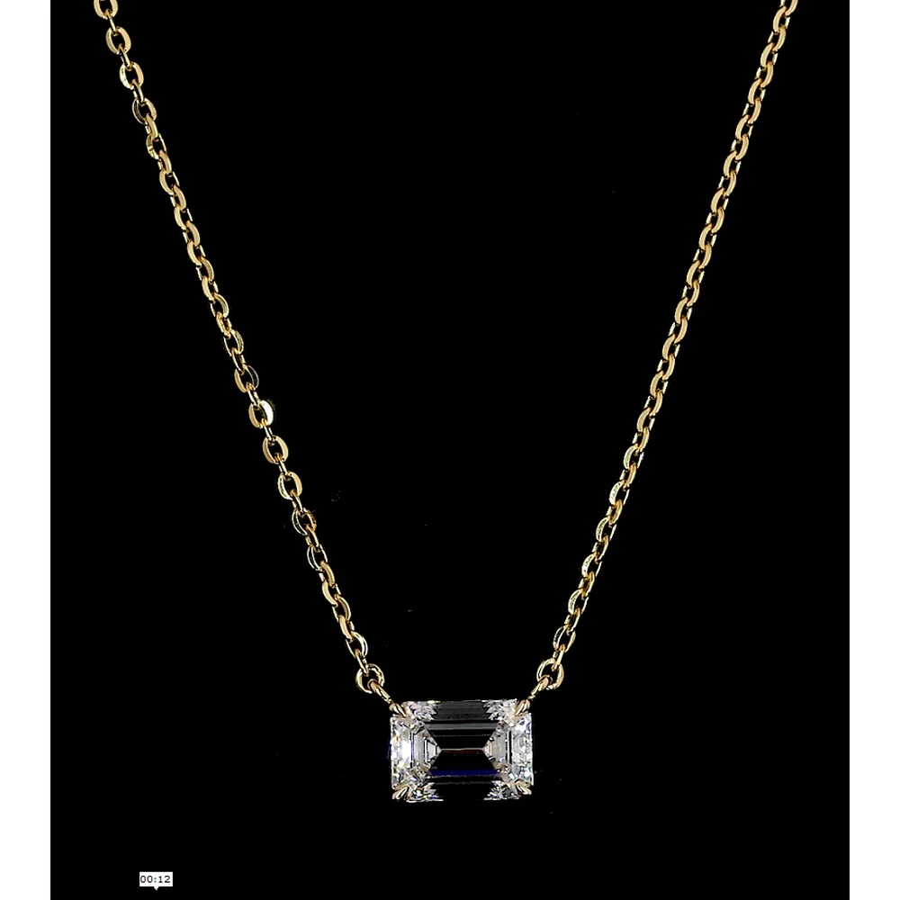 14K Yellow Gold East-West Solitaire Pendant with Emerald Cut Lab Diamond - 3.00 Carat Total Weight, F VS1 Clarity - Covaloro Fine Jewelry