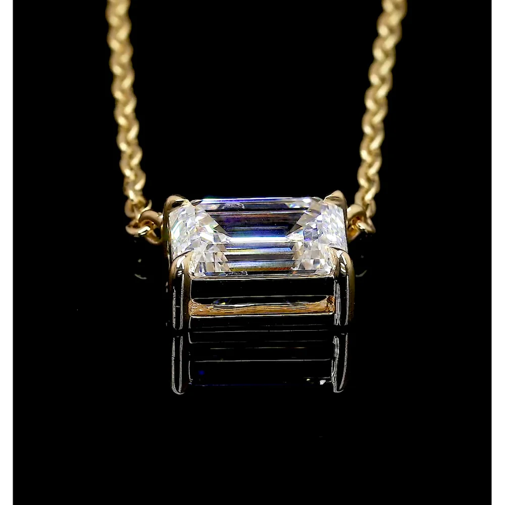 14K Yellow Gold East-West Solitaire Pendant with Emerald Cut Lab Diamond - 3.00 Carat Total Weight, F VS1 Clarity - Covaloro Fine Jewelry - Image 4