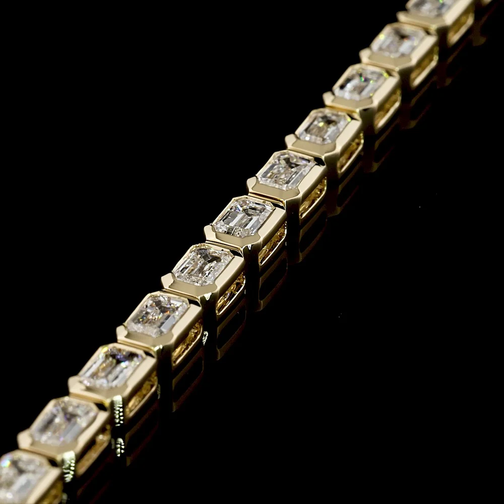 14K Yellow Gold East-West Tennis Bracelet with Bezel Set Emerald Cut Lab Diamonds - 8.40 Carats Total Diamond Weight - Covaloro Fine Jewelry - Image 2