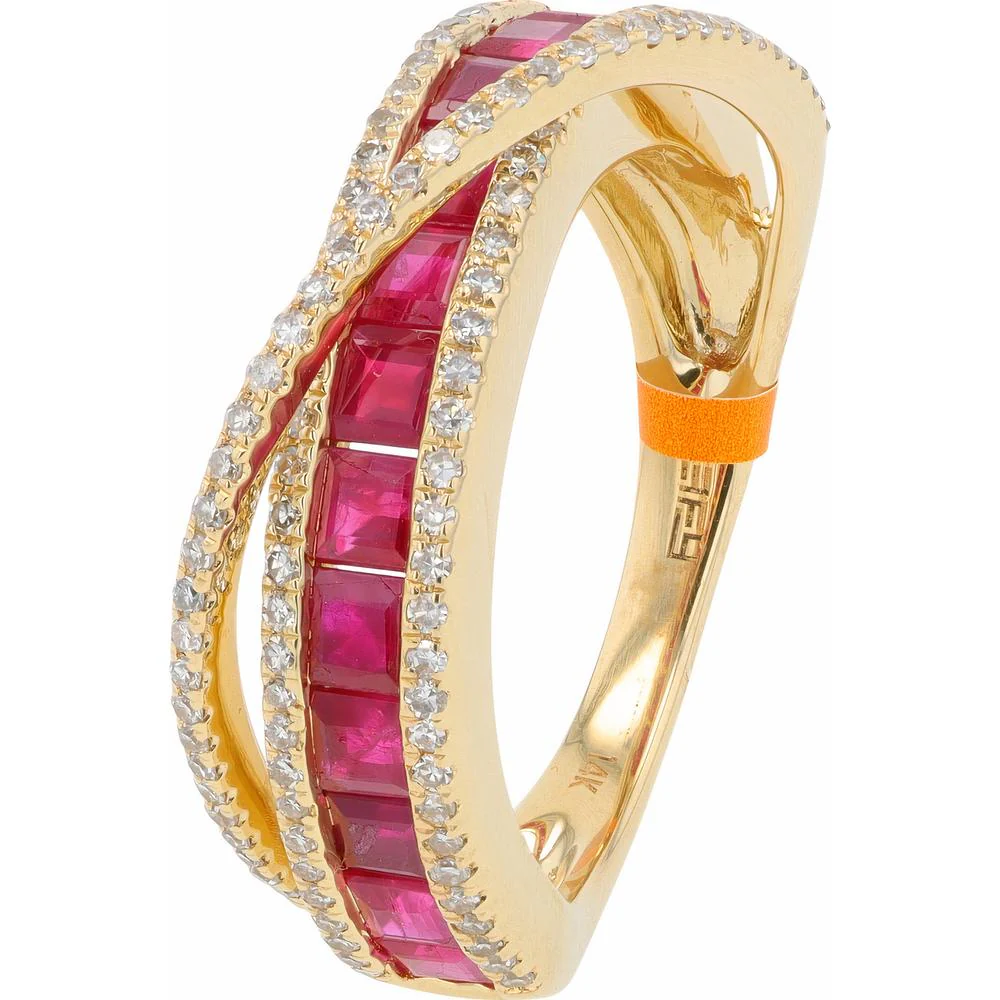 14K Yellow Gold EFFY Crossover Ring with Channel - Set Square Rubies and Pavé Diamonds - 1.46 Carat Total Ruby Weight, 0.34 Carat Total Diamond Weight