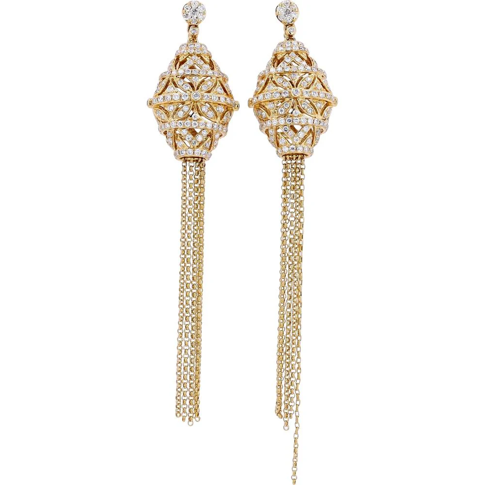 14K Yellow Gold EFFY Filigree Drop Chain Earrings with Pavé Set Round Diamonds - 1.54 Carat Total Diamond Weight