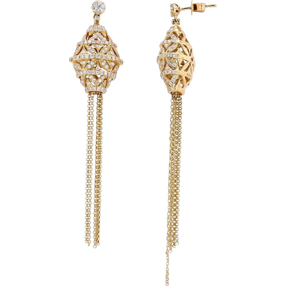 14K Yellow Gold EFFY Filigree Drop Chain Earrings with Pavé Set Round Diamonds - 1.54 Carat Total Diamond Weight - Image 2