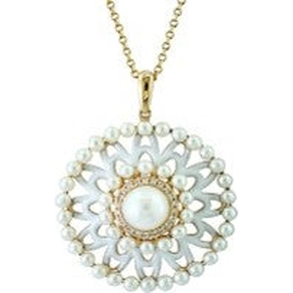 14K Yellow Gold EFFY Freshwater Pearl Floral Halo Pendant Necklace with Diamond Accents - 0.07 Carat Total Diamond Weight