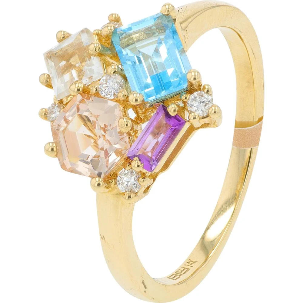 14K Yellow Gold Effy Multi - Gemstone Cluster Ring with Amethyst, Blue Topaz, Morganite, and Diamond Accents - 0.95 Carat Total Gemstone Weight
