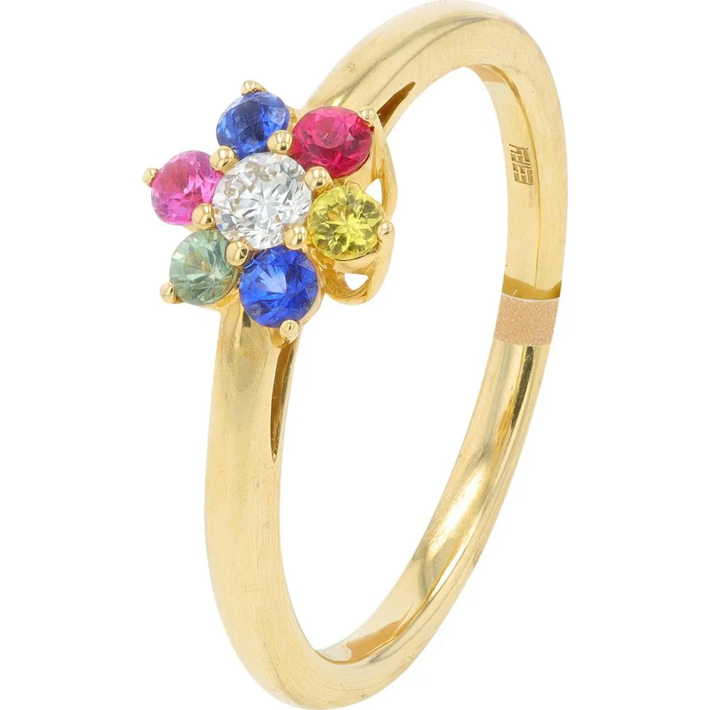 14K Yellow Gold EFFY Multi Sapphire Flower Cluster Ring with Prong - Set Round Diamond - 0.28 Carat Total Sapphire Weight, 0.09 Carat Total Diamond Weight