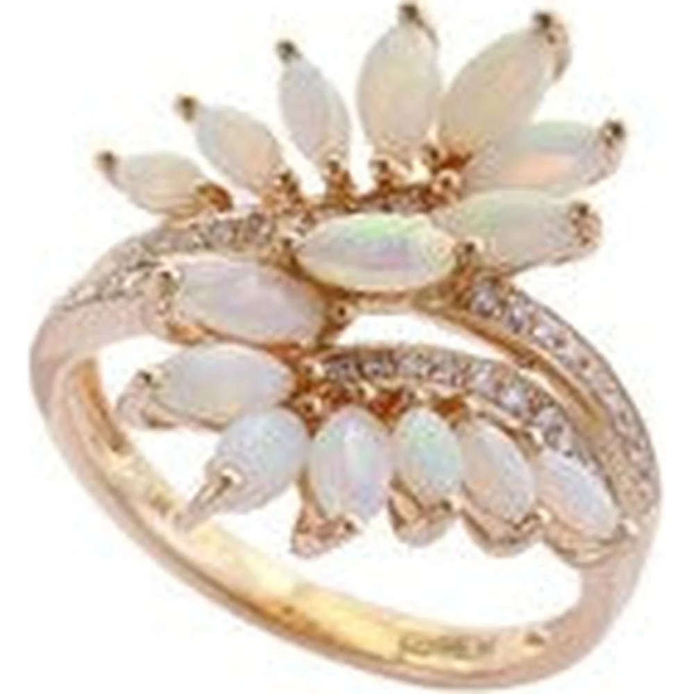 14K Yellow Gold EFFY Opal Flower Bypass Ring - 1.60 Carat Opal Total Weight with 0.15 Carat Total Diamond Weight