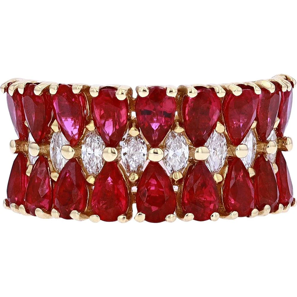 14K Yellow Gold EFFY Wide Band Ring with Pear - Shaped Rubies and Marquise Diamonds - 5.13 Carat Ruby TW, 0.49 Carat Diamond TW