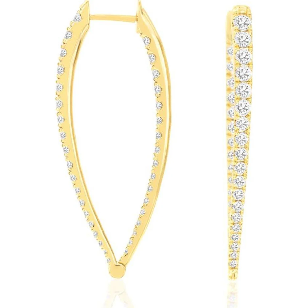14K Yellow Gold Elongated Hoop Earrings with Round Diamonds - 2.10 Carat Total Diamond Weight - Royal Jewelry