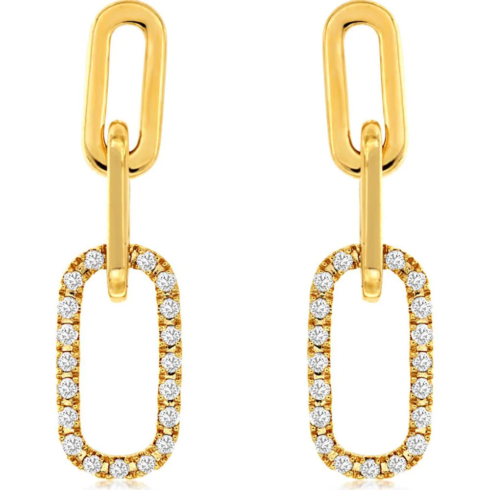 14K Yellow Gold Elongated Oval Link Drop Earrings with Round Diamonds - 0.20 Carat Total Diamond Weight - Royal Jewelry