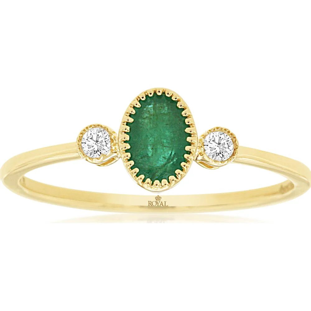 14K Yellow Gold Emerald & Diamond 3-Stone Ring - 0.44 Carats Total Emerald Weight, 0.12 Carats Total Diamond Weight - Royal Jewelry