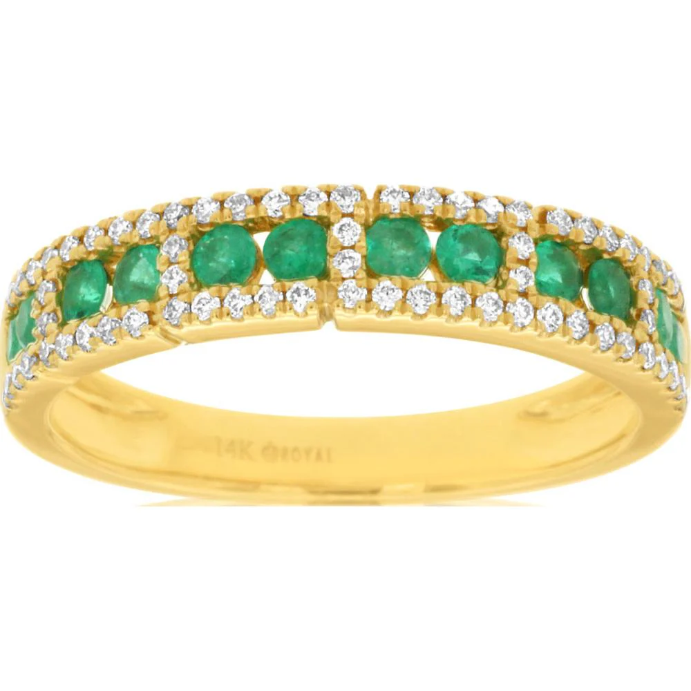 14K Yellow Gold Emerald and Diamond Band with Round Cut Emeralds and Milgrain Detailing - 0.40 Carat Emerald Total Weight, 0.20 Carat Diamond Total Weight - Royal Jewelry