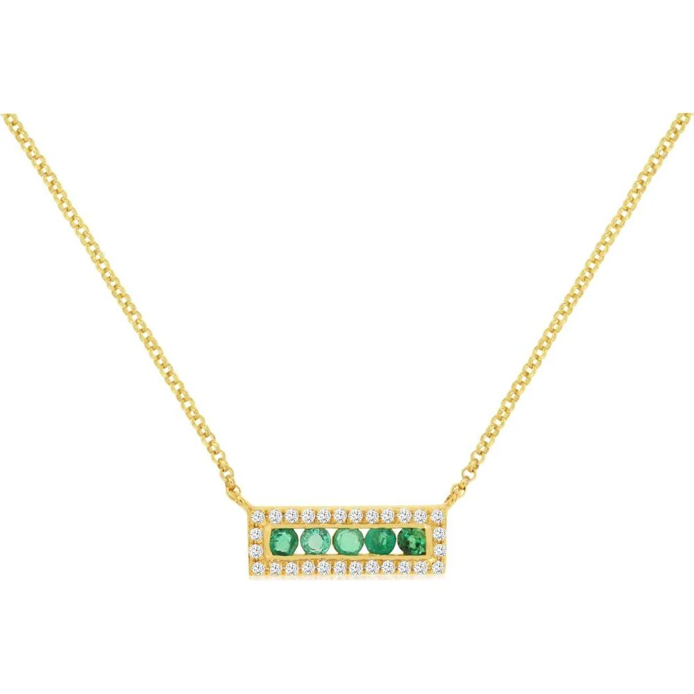 14K Yellow Gold Emerald and Diamond Bar Necklace with Round Cut Gemstones - 0.25 Carat Emerald Total Weight, 0.08 Carat Diamond Total Weight - Royal Jewelry