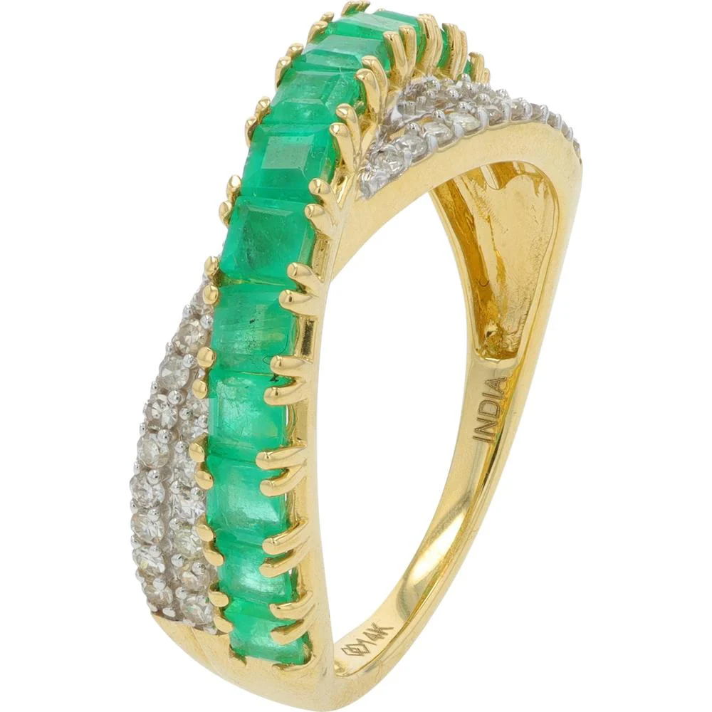 14K Yellow Gold Emerald and Diamond Crossover Ring - 1.00 - 1.15 Carat Total Emeralds, 0.25 Carat Total Diamonds