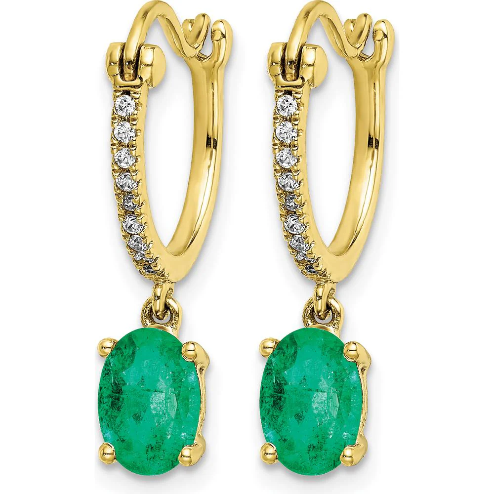14K Yellow Gold Emerald and Diamond Dangle Hoop Earrings - 0.75 Carat Total Emerald Weight, 0.005 Carat Total Diamond Weight by Monteluci Fine Jewelry - Image 2