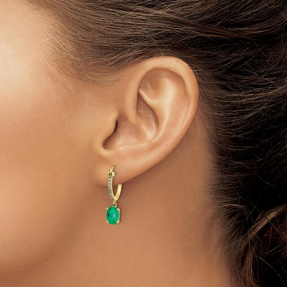 14K Yellow Gold Emerald and Diamond Dangle Hoop Earrings - 0.75 Carat Total Emerald Weight, 0.005 Carat Total Diamond Weight by Monteluci Fine Jewelry - Image 3
