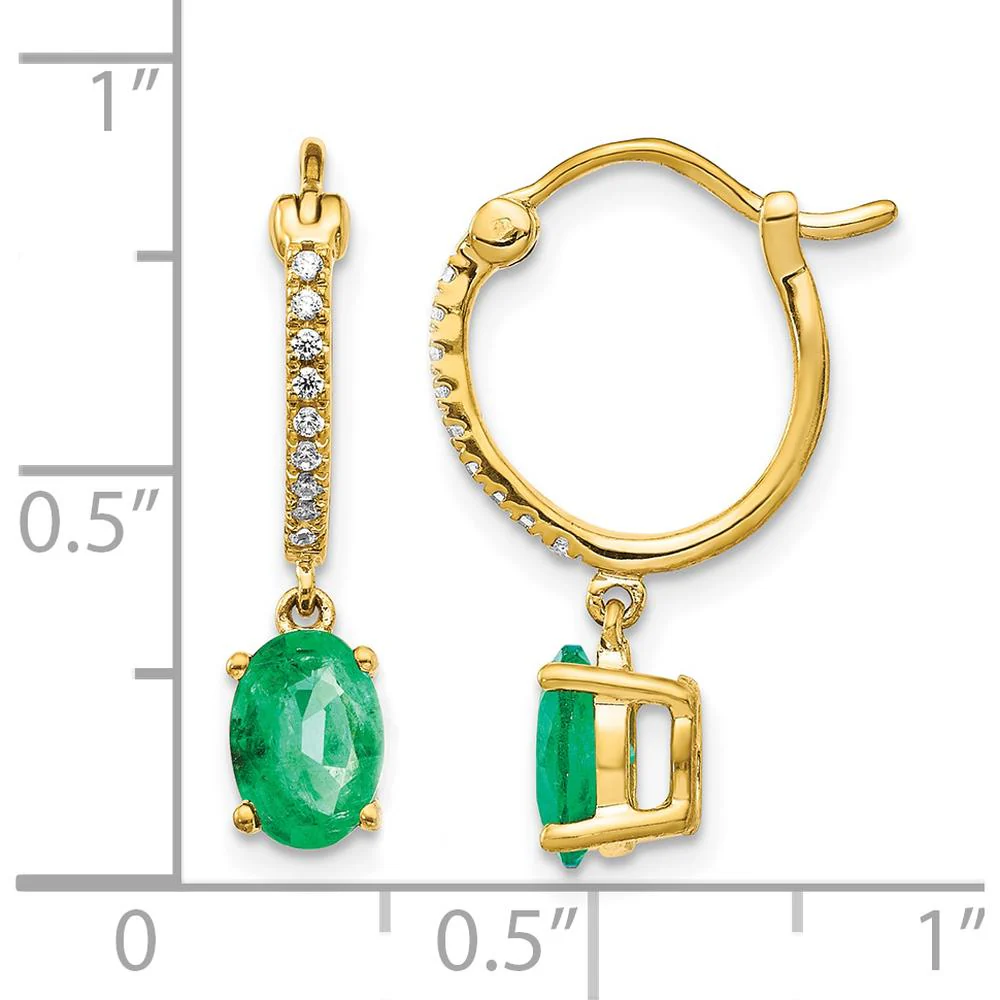 14K Yellow Gold Emerald and Diamond Dangle Hoop Earrings - 0.75 Carat Total Emerald Weight, 0.005 Carat Total Diamond Weight by Monteluci Fine Jewelry - Image 4
