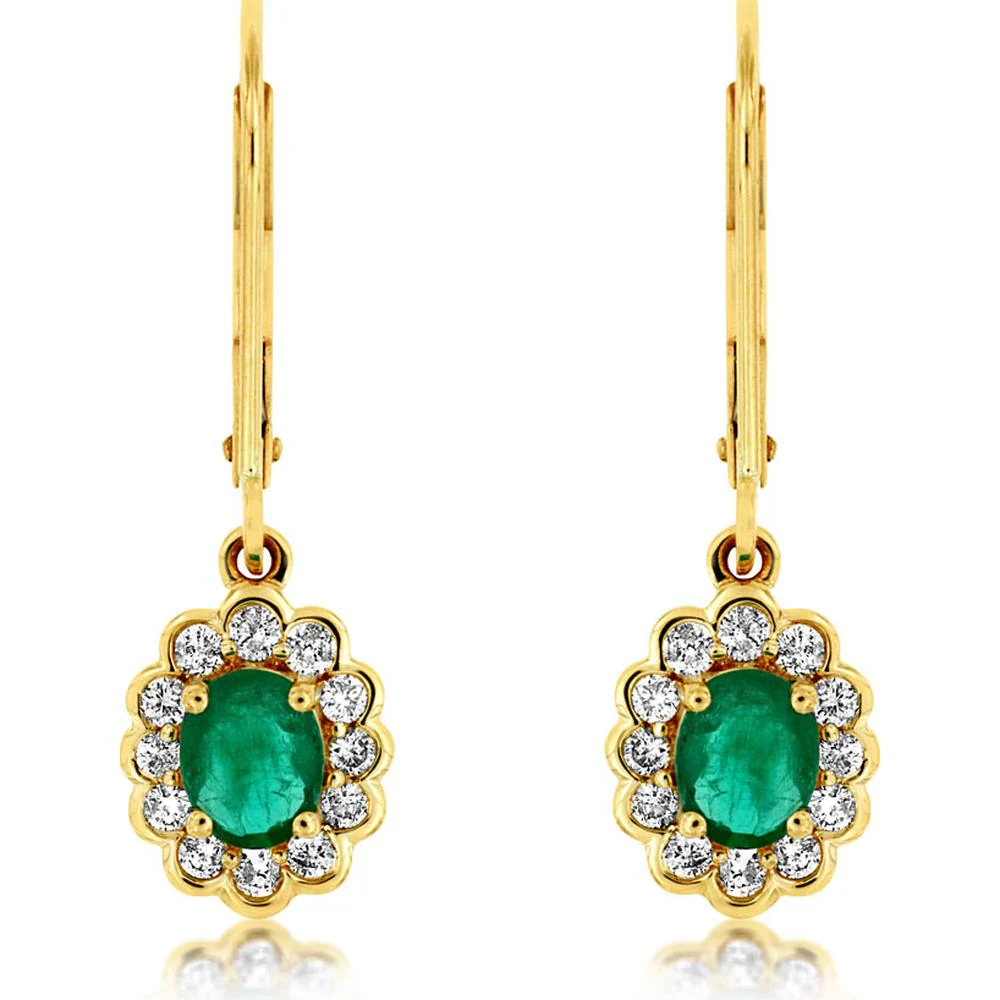 14K Yellow Gold Emerald & Diamond Drop Earrings with Oval Emerald and Diamond Halo - 1.03 Carats Total Gem Weight - Royal Jewelry