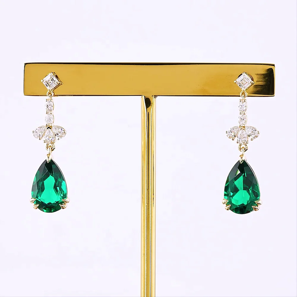 14K Yellow Gold Emerald and Diamond Drop Earrings with Pear and Asscher Cut Stones - 4.14 Carat Total Gem Weight - Covaloro Fine Jewelry
