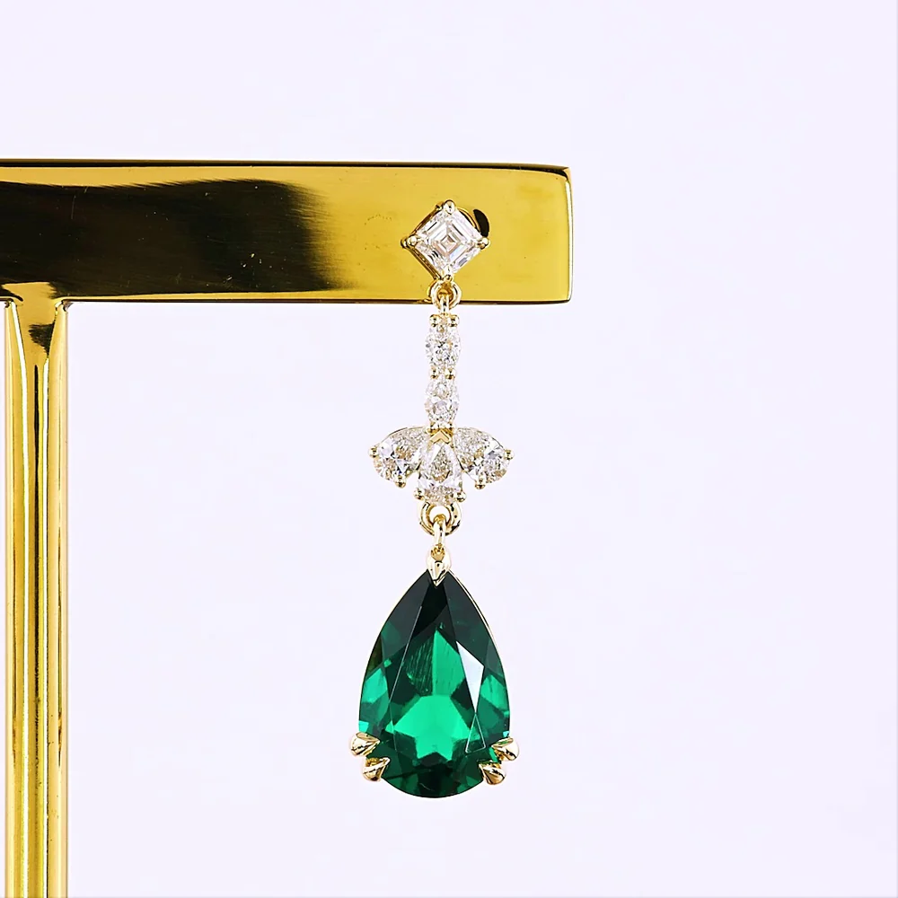 14K Yellow Gold Emerald and Diamond Drop Earrings with Pear and Asscher Cut Stones - 4.14 Carat Total Gem Weight - Covaloro Fine Jewelry - Image 2