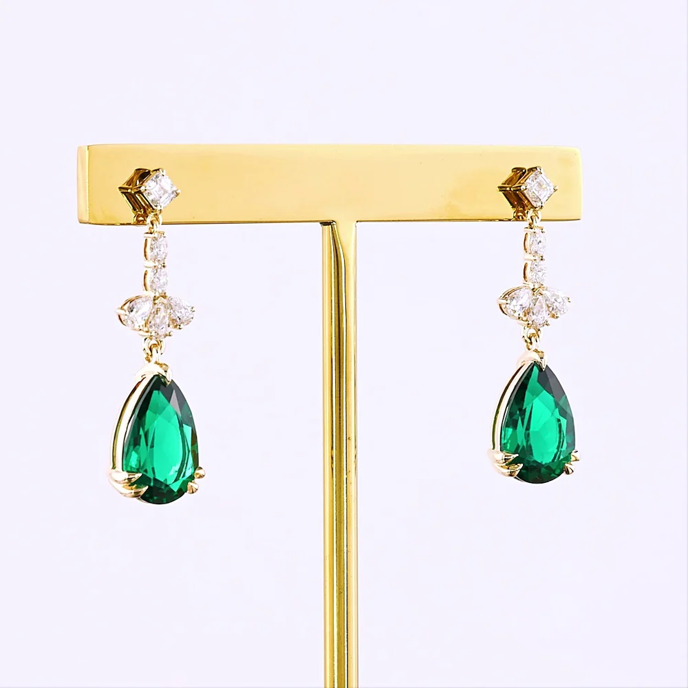 14K Yellow Gold Emerald and Diamond Drop Earrings with Pear and Asscher Cut Stones - 4.14 Carat Total Gem Weight - Covaloro Fine Jewelry - Image 3
