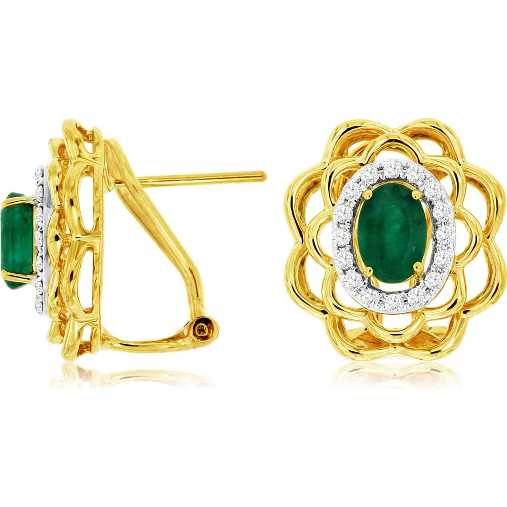 14K Yellow Gold Emerald and Diamond Halo Earrings - 1.10 Carats Total Gemstone Weight - Royal Jewelry