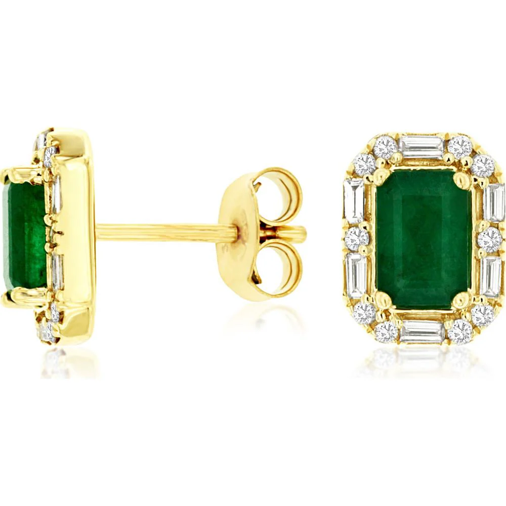 14K Yellow Gold Emerald and Diamond Halo Earrings with Octagonal Cut Emeralds and Alternating Baguette & Round Diamonds - 1.10 Carat Emerald Total, 0.27 Carat Diamond Total - Royal Jewelry
