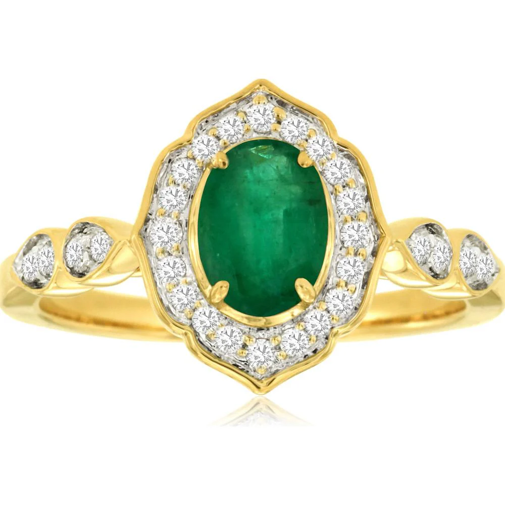 14K Yellow Gold Emerald & Diamond Halo Ring - 0.70 Carats Emerald, 0.21 Carats Total Diamond Weight - Royal Jewelry