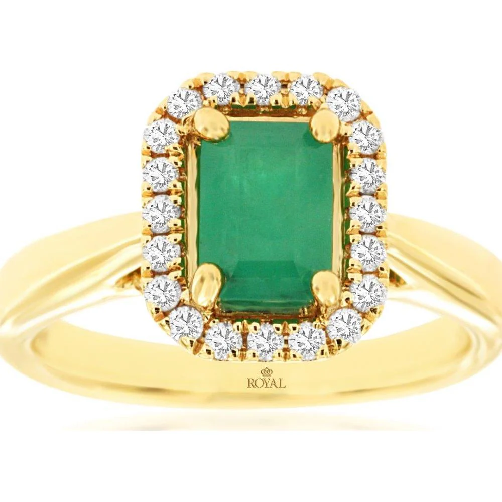14K Yellow Gold Emerald and Diamond Halo Ring - 1.00 Carat Emerald with 0.40 Carat Total Diamond Weight - Royal Jewelry
