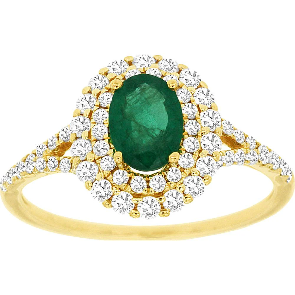 14K Yellow Gold Emerald & Diamond Halo Ring with 0.70 Carats Oval Emerald and 0.50 Carats Total Diamond Weight - Royal Jewelry