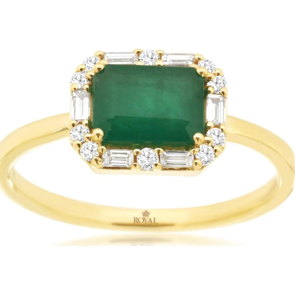 14K Yellow Gold Emerald and Diamond Halo Ring with Alternating Round and Baguette Diamonds - 1.00 Carat Emerald Total Weight, 0.18 Carat Diamond Total Weight - Royal Jewelry