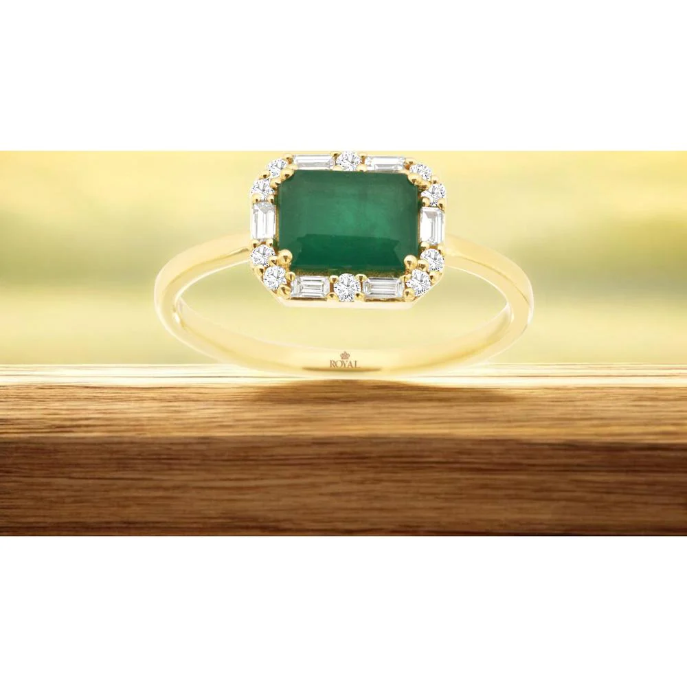 14K Yellow Gold Emerald and Diamond Halo Ring with Alternating Round and Baguette Diamonds - 1.00 Carat Emerald Total Weight, 0.18 Carat Diamond Total Weight - Royal Jewelry - Image 2