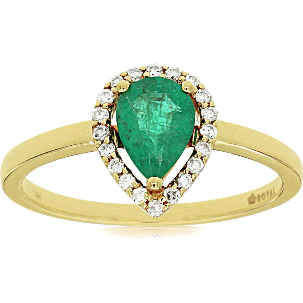 14K Yellow Gold Emerald & Diamond Halo Ring with Pear Shape Emerald - 0.70 Carats Emerald Weight and 0.12 Carats Total Diamond Weight - Royal Jewelry
