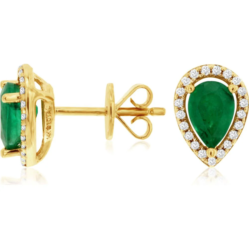 14K Yellow Gold Emerald & Diamond Halo Stud Earrings - 1.50 Carats Total Emerald and Diamond Weight - Royal Jewelry
