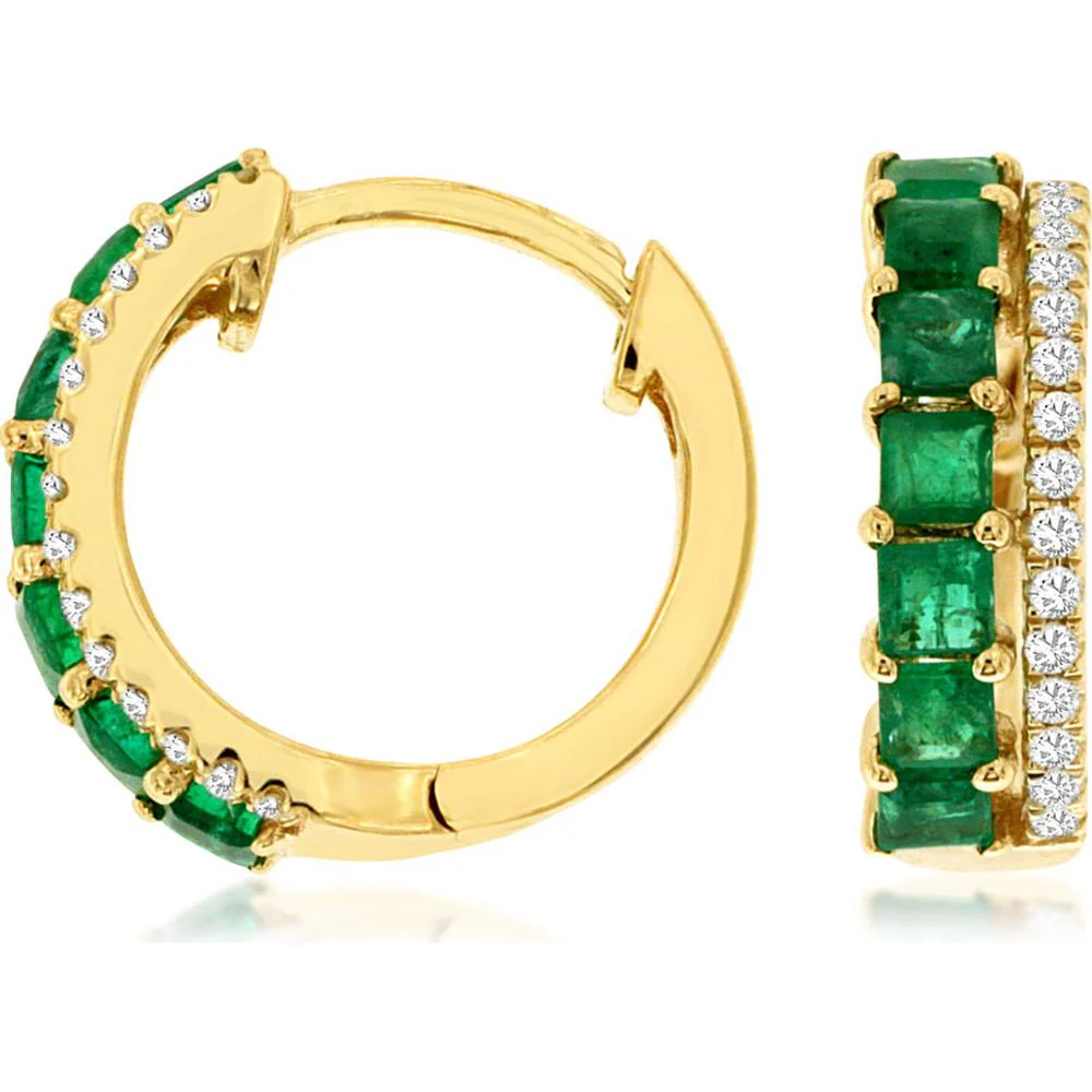 14K Yellow Gold Emerald & Diamond Hoop Earrings - 0.77 Carats Total Emerald Weight, 0.18 Carats Total Diamond Weight - Royal Jewelry