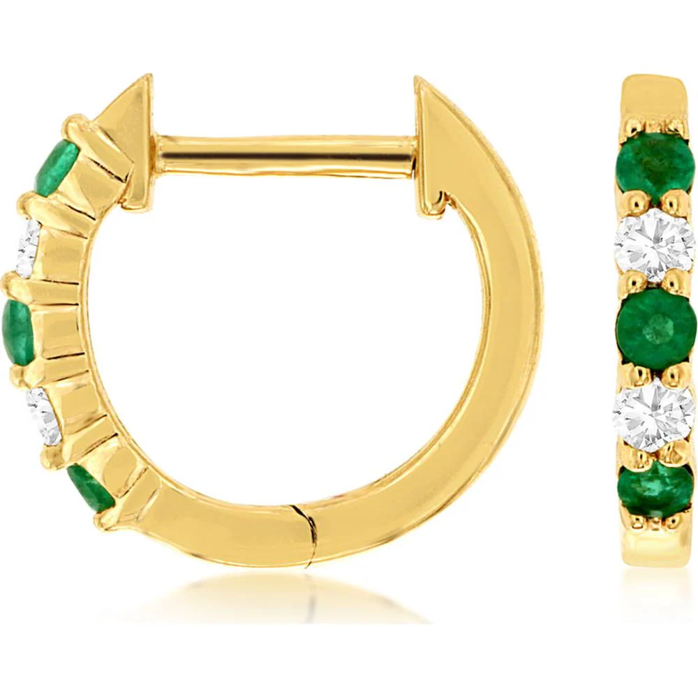 14K Yellow Gold Emerald & Diamond Huggie Hoop Earrings - 0.25 Carats Total Gemstone Weight - Royal Jewelry
