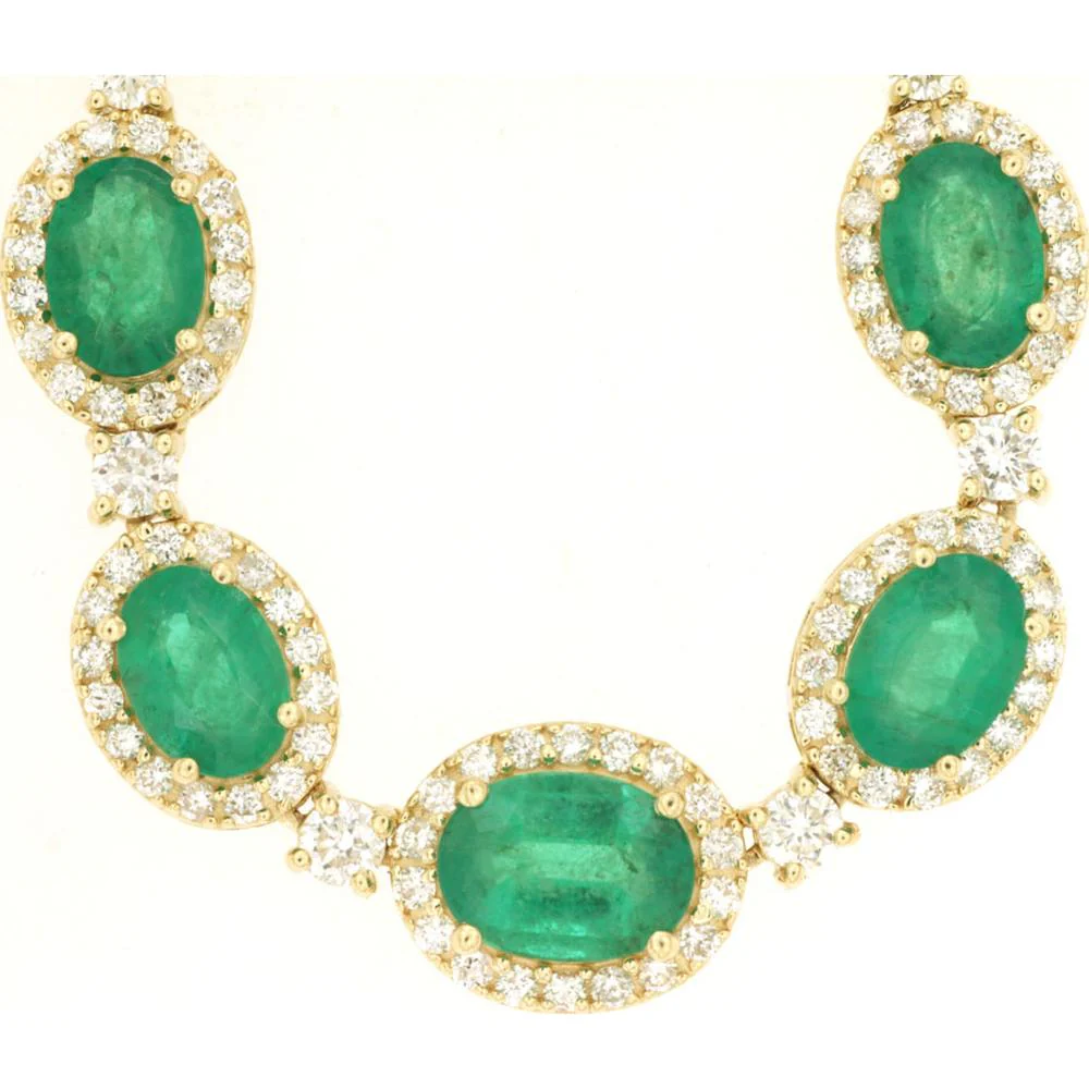 14K Yellow Gold Emerald and Diamond Necklace - 12 Carats Total Emerald Weight, 5.4 Carats Total Diamond Weight - Royal Jewelry