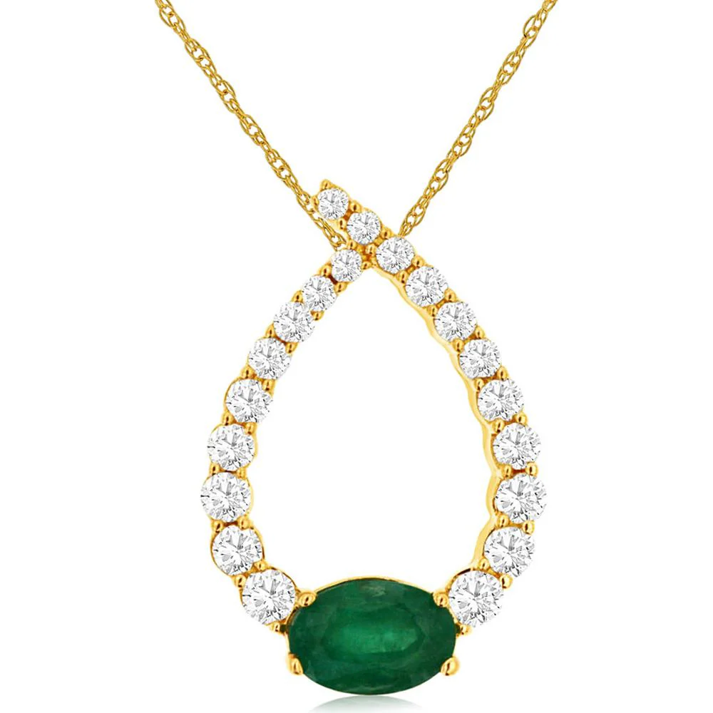 14K Yellow Gold Emerald & Diamond Pendant Necklace - 0.77 Carats Total Gemstone Weight - Royal Jewelry