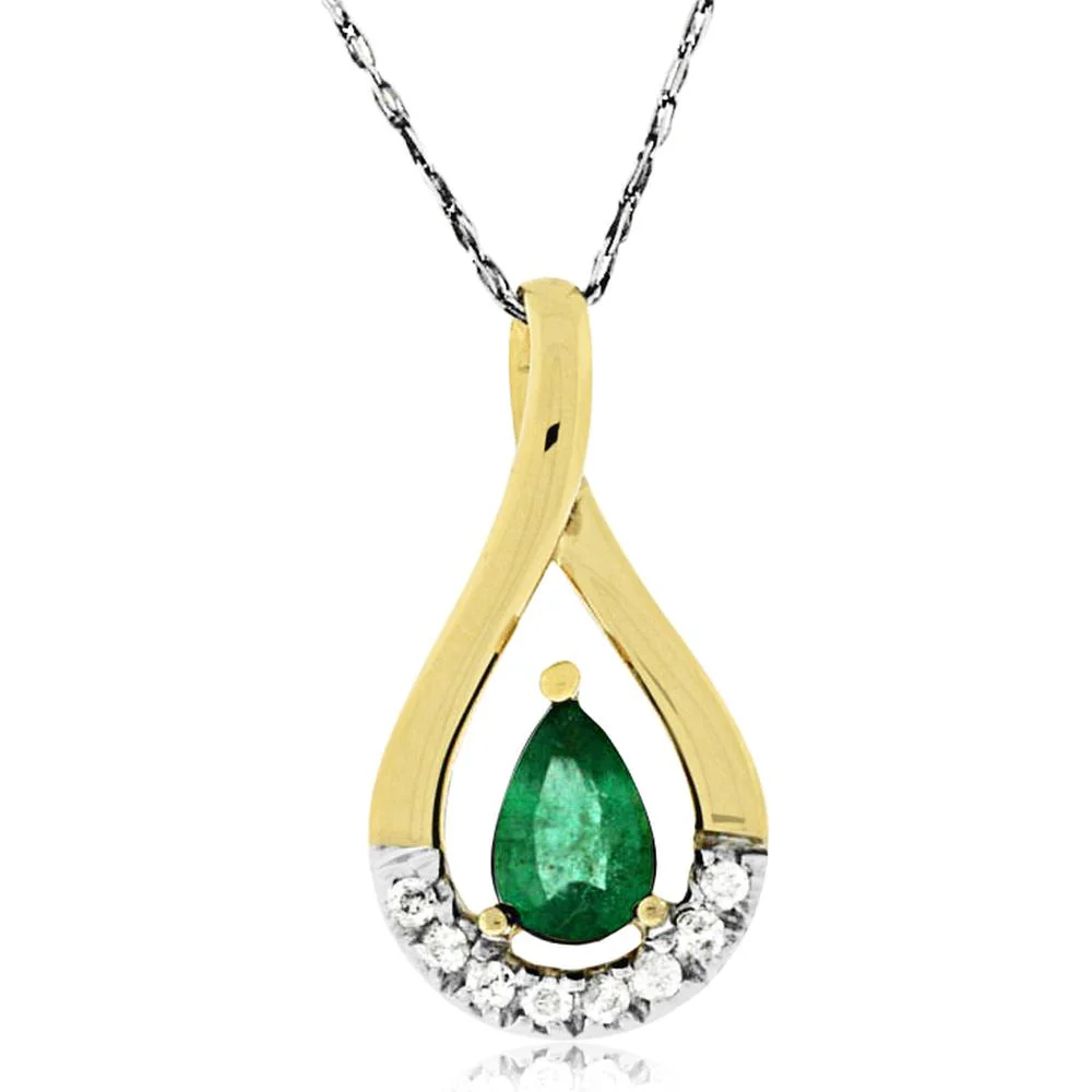 14K Yellow Gold Emerald & Diamond Pendant Necklace with Pear-Shaped Emerald and Diamond Halo - 0.38 Carats Emerald, 0.06 Carats Diamond - Royal Jewelry