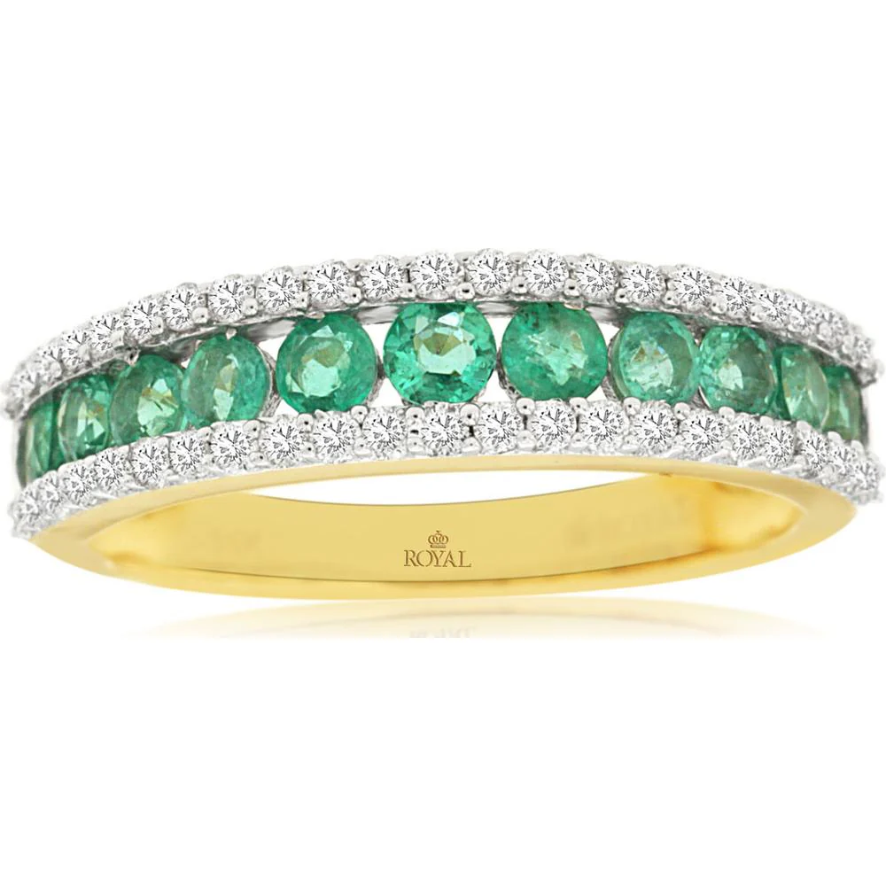 14K Yellow Gold Emerald & Diamond Ring with 0.70 Carats Emeralds and 0.38 Carats Diamonds - Royal Jewelry