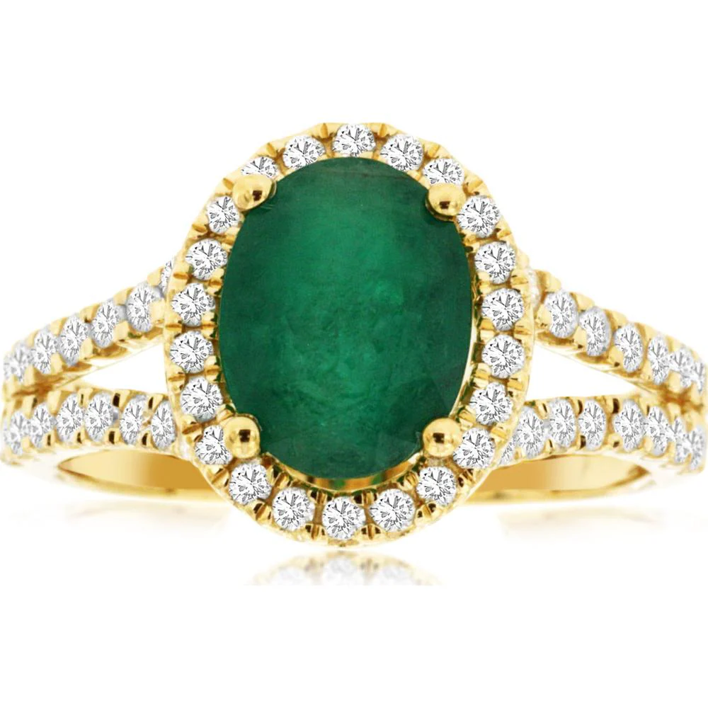 14K Yellow Gold Emerald & Diamond Ring with Halo Setting - 1.60 Carats Emerald and 0.72 Carats Total Diamond Weight - Royal Jewelry